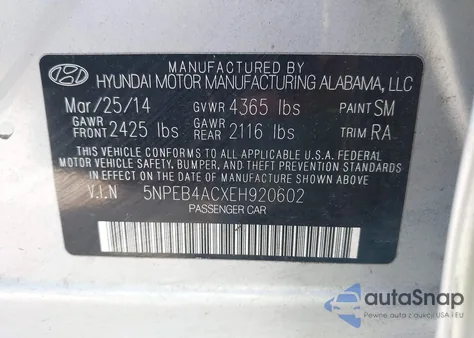 2014 Hyundai Sonata Gls z USA, uszkodzony, nr VIN 5NPEB4ACXEH920602
